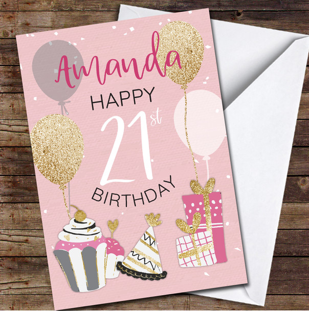 21st Girl Pink Pretty Sparkle Gold Glitter Balloons Any Age Birthday Card