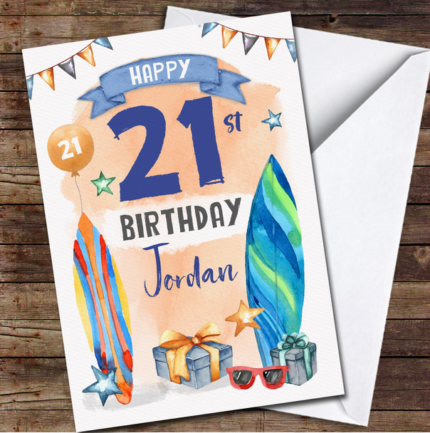 21st Male Surfing Beach Gift Any Age Personalized Birthday Card