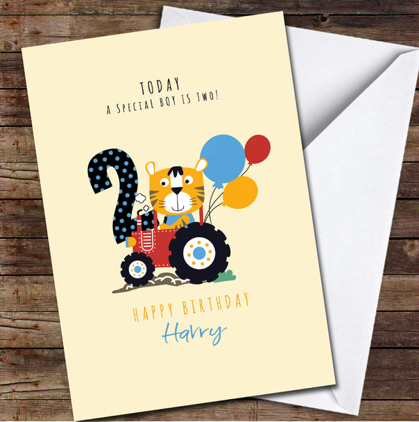 2nd Boy Cute Tiger Sitting In Tractor Any Age Personalized Birthday Card