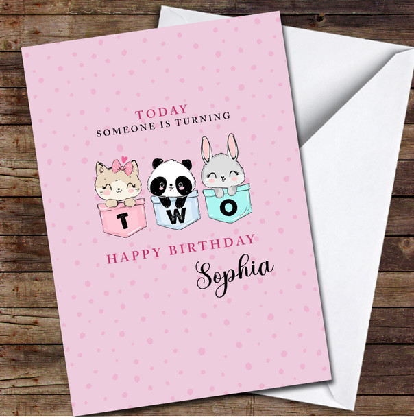 2nd Girl Cute Animals Sitting In A Pocket Any Age Personalized Birthday Card