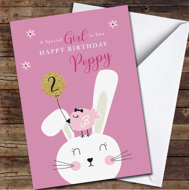 2nd Girl Cute Bunny With Bird Any Age Personalized Birthday Card