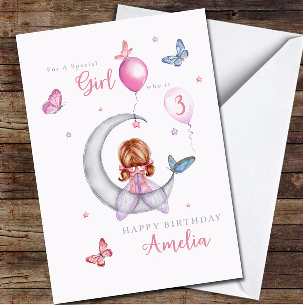 3rd Girl Little Fairy Girl Sitting On Moon Any Age Personalized Birthday Card