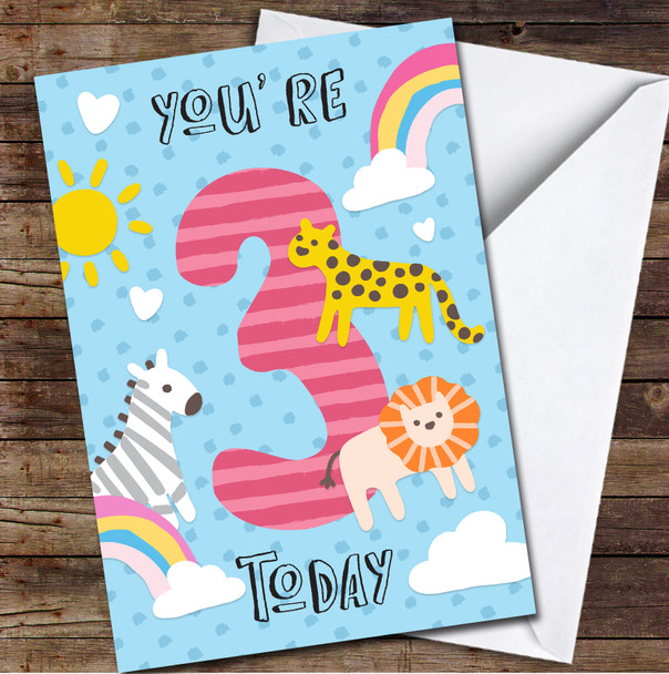 3rd You're 3 Today Girl Wild Animals 3rd Any Age Personalized Birthday Card
