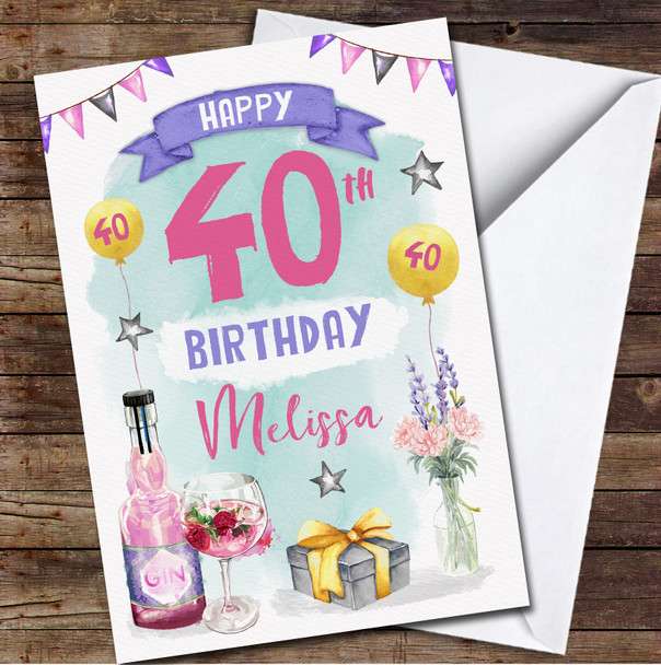 40th Girl Gin Lover Alcohol Flowers Party Any Age Personalized Birthday Card
