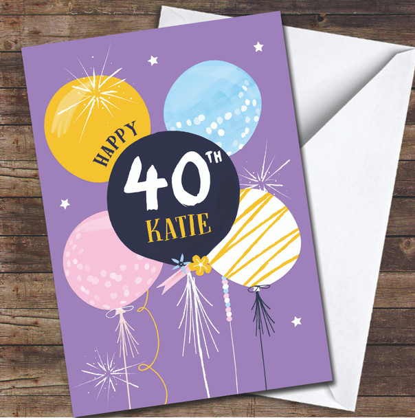 40th Purple Pink Yellow Balloons Bright Modern Any Age Birthday Card