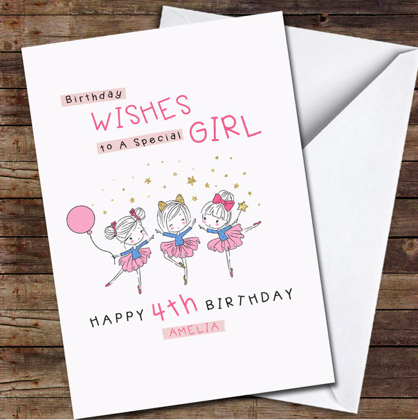 4th Girl Little Cute Ballerinas Any Age Personalized Birthday Card