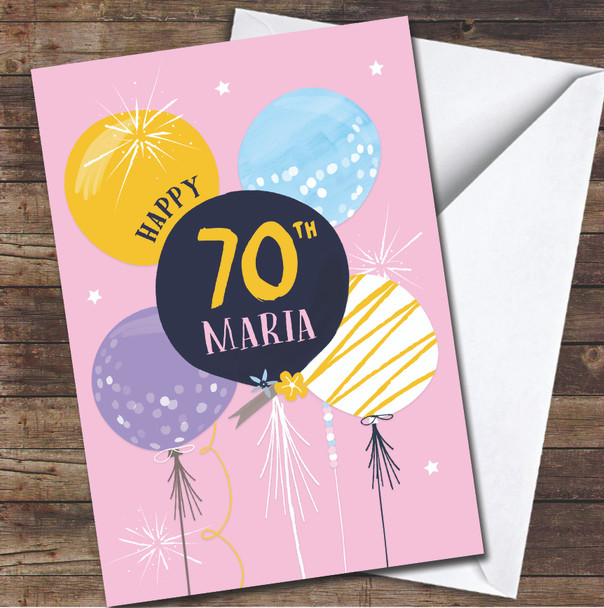 70th Female Balloons Bright Modern Any Age Personalized Birthday Card