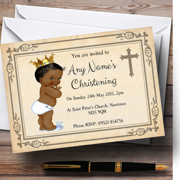 Baby Boy Dark Skin Christening Party Personalized Invitations