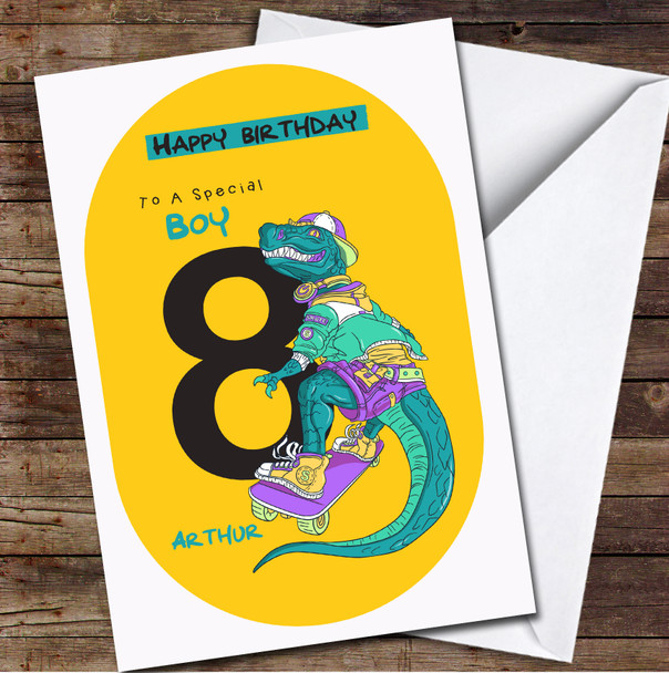 8th Boy Dino Skateboarding Any Age Personalized Birthday Card