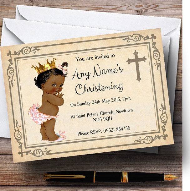 Baby Girl Dark Skin Christening Party Personalized Invitations