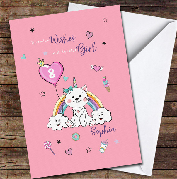 8th Girl Cute Unicorn Cat With Rainbow Any Age Personalized Birthday Card