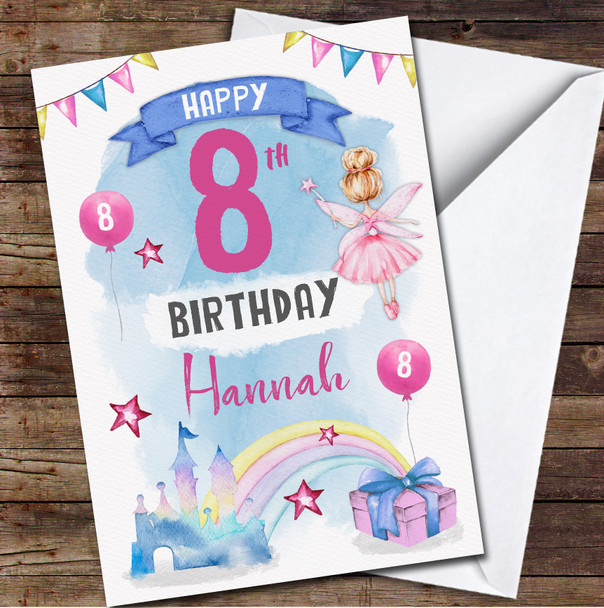 8th Girl Female Fairy Magical Rainbow Castle Any Age Personalized Birthday Card