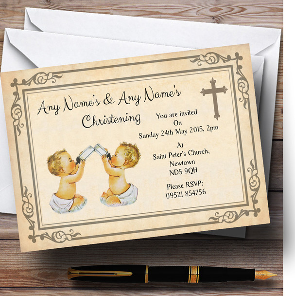 Baby Twins Vintage Christening Party Personalized Invitations