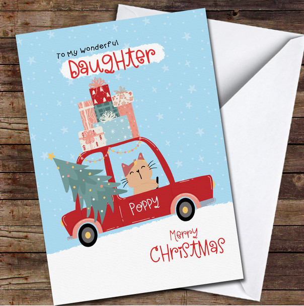 Daughter Cute Kitten Drive Red Car Any Text Personalized Christmas Card