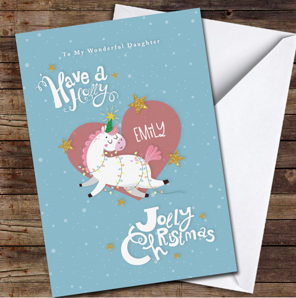 Daughter Cute Magic Unicorn Any Text Personalized Christmas Card