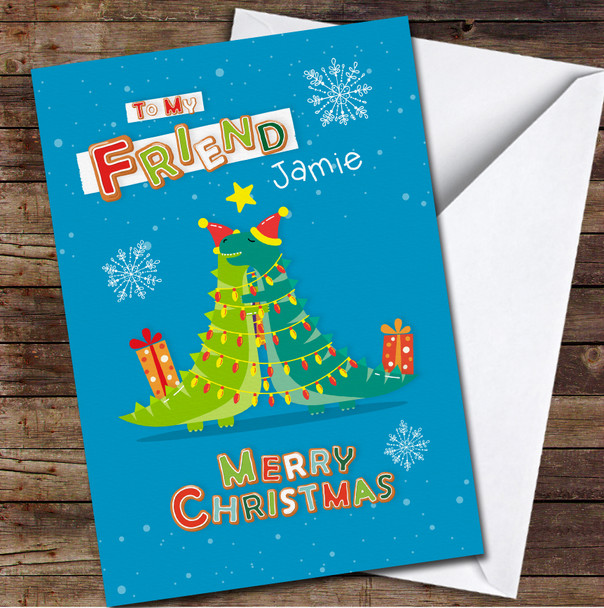 Friend Dinosaurs Hugging Any Text Personalized Christmas Card