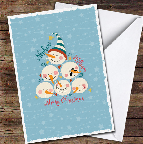 Nephew Cute Funny Snowman Faces Any Text Personalized Christmas Card
