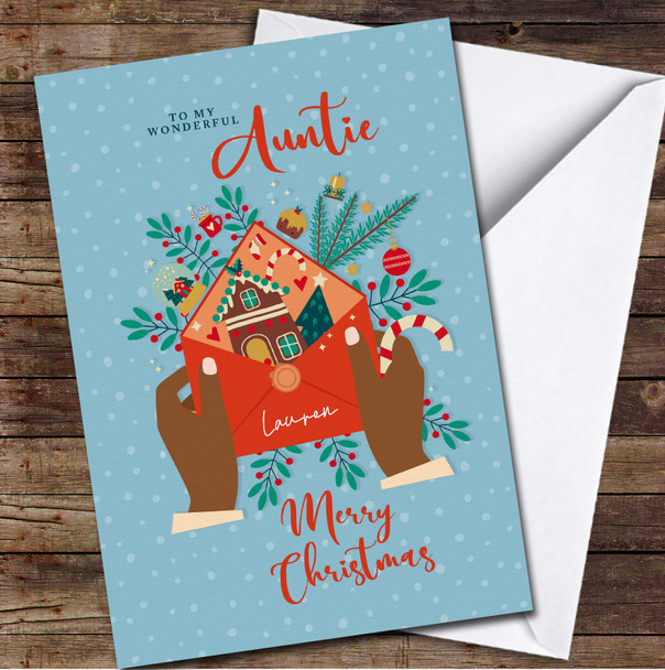 Auntie Christmas Dark Skin Hands Holding An Envelope Any Text Christmas Card