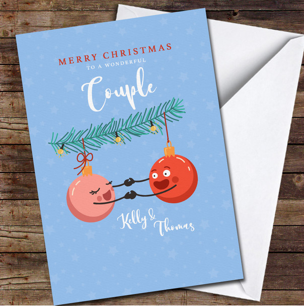 Couple Funny Baubles On A Tree Branch Any Text Personalized Christmas Card