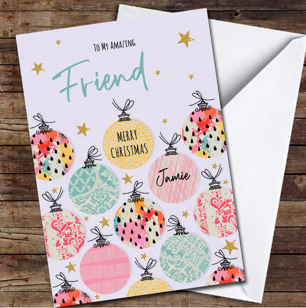 Friend Pattern Baubles Any Text Personalized Christmas Card