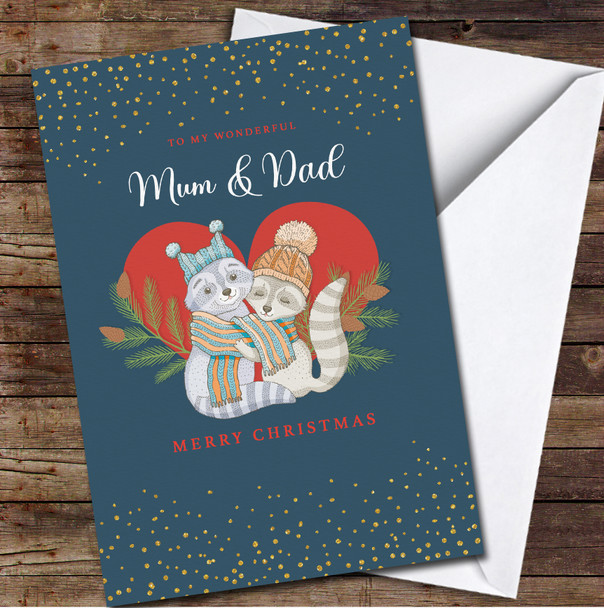 Mum & Dad Cute Raccoon Couple Any Text Personalized Christmas Card