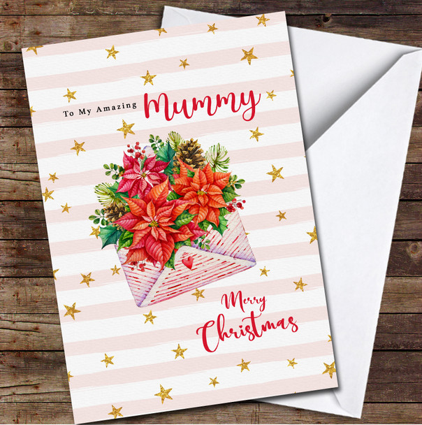 Mummy Watercolor Envelope With Poinsettia Any Text Personalized Christmas Card