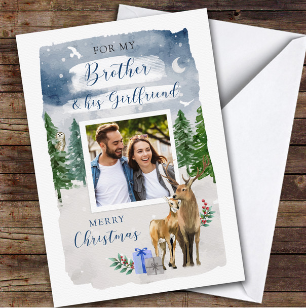 Brother & His Girlfriend Couple Deer Tree Photo Personalized Christmas Card