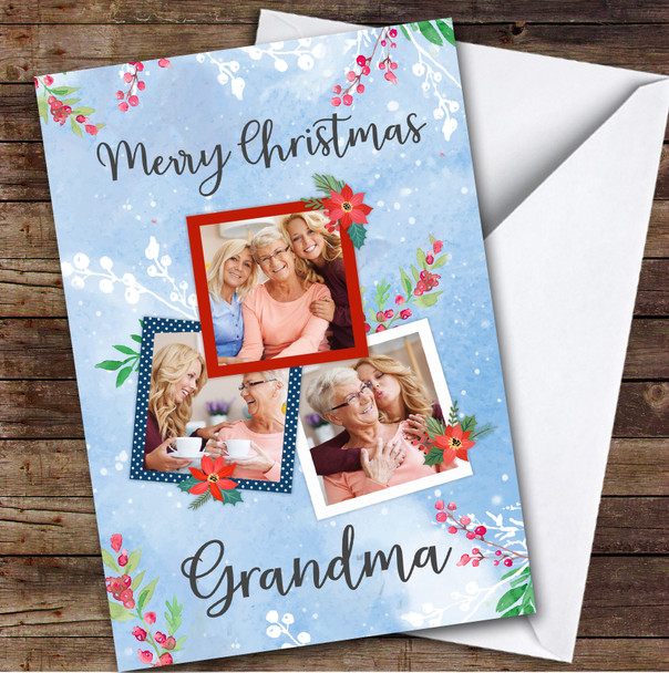 Grandma Christmas Flowers Holly Blue Floral 3 Photo Personalized Christmas Card