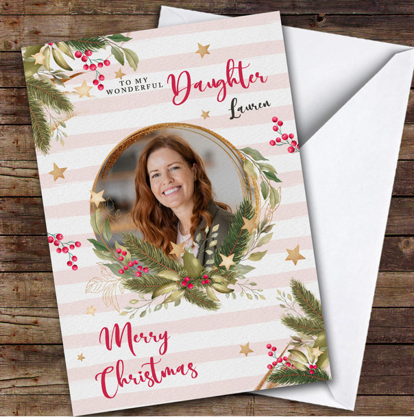 Daughter Christmas Stripes Gold Photo Frame Stars Personalized Christmas Card