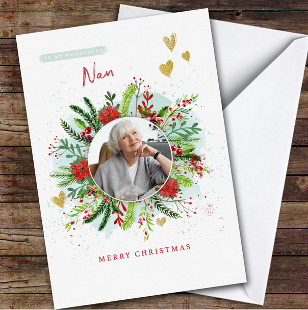 Wonderful Nan Christmas Floral Photo Holly Frame Personalized Christmas Card