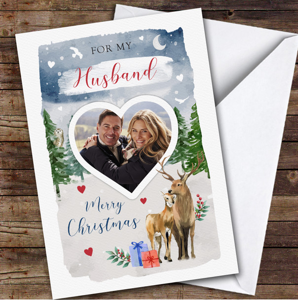 Husband Couple Deer Winter Tree Scene Photo Personalized Christmas Card