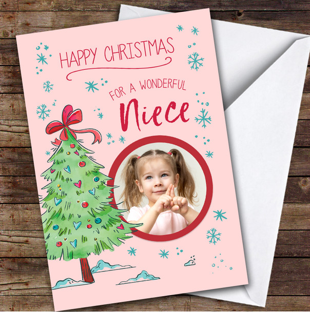 Wonderful Niece Christmas Tree Pink Photo Personalized Christmas Card