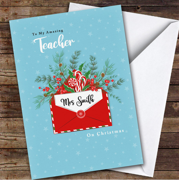 Amazing Teacher Christmas Red Envelope With Flowers Personalized Christmas Card