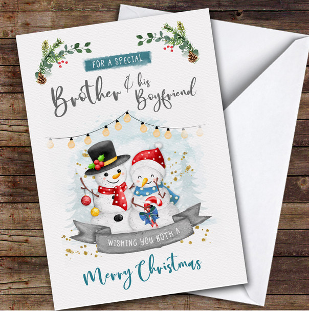 Brother & His Boyfriend Christmas Snowman Couple Personalized Christmas Card