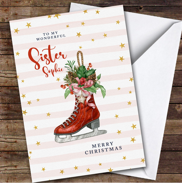 Sister Watercolour Ice Skate Flowers Gold Stars Personalized Christmas Card