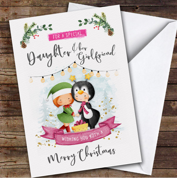 Daughter & Her Girlfriend Elf Penguin Couple Personalized Christmas Card