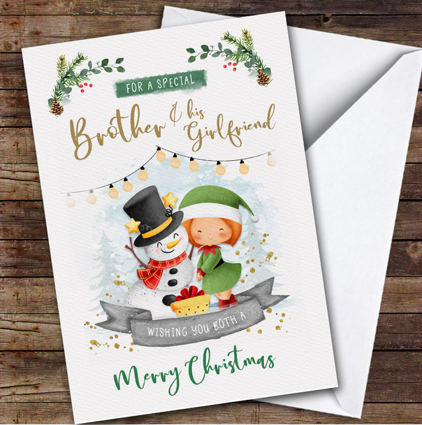 Brother & His Girlfriend Elf Snowman Couple Personalized Christmas Card