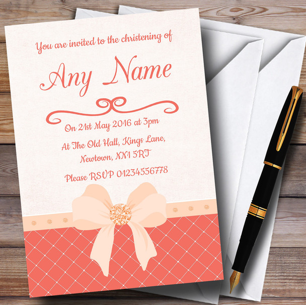 Quilted Look Coral Bow Personalized Christening Invitations