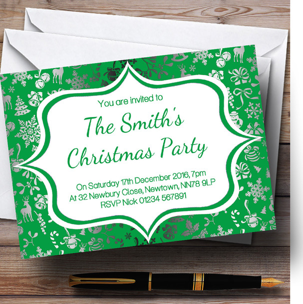 Green & Silver Classique Personalized Christmas Party Invitations