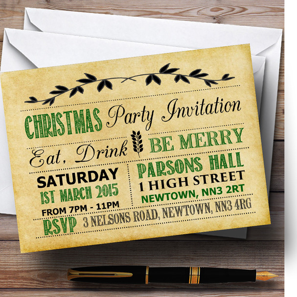 Old Vintage Green & Black Personalized Christmas Party Invitations