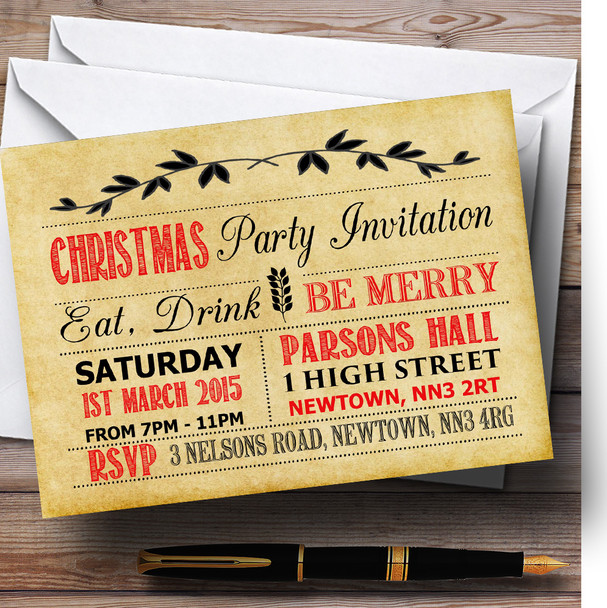 Old Vintage Red & Black Personalized Christmas Party Invitations