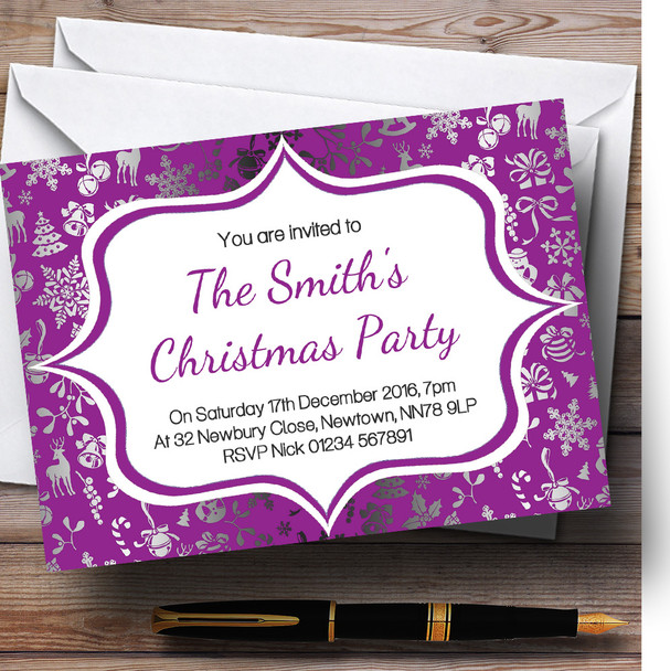 Purple & Silver Classique Personalized Christmas Party Invitations