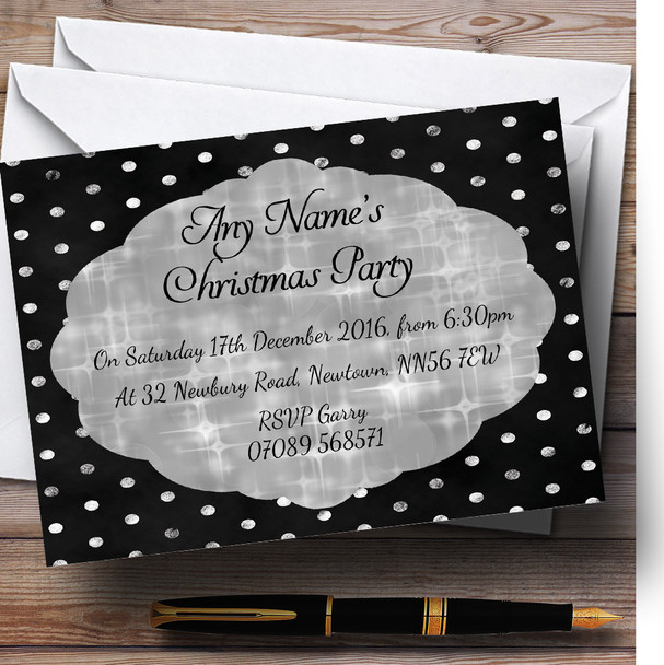 Black & Silver Xmas Spots Personalized Christmas Party Invitations
