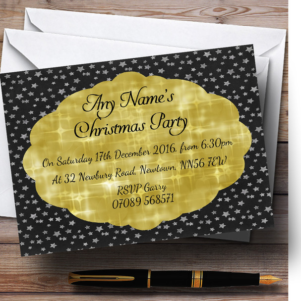 Black with Gold Twinkle Personalized Christmas Party Invitations