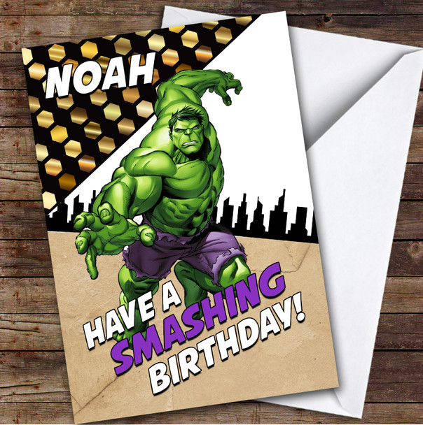 Incredible Hulk Smashing City Kids Personalized Children's Birthday Card