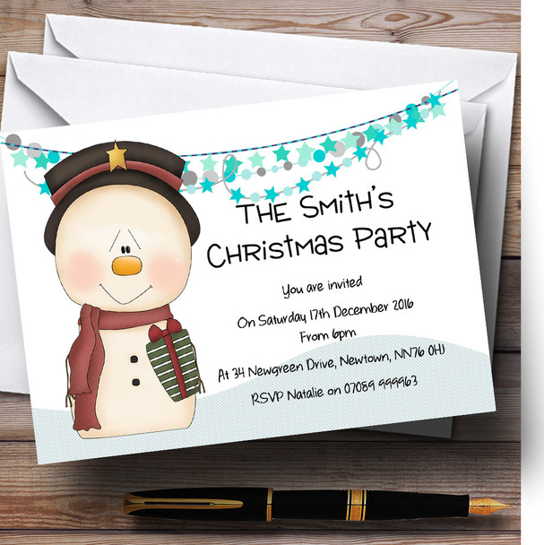 Sweet Snowman Green Bunting Personalized Christmas Party Invitations