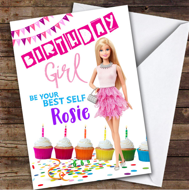 Barbie Girl Be Yourself Pink Girly Kids Personalized Children's Birthday Card