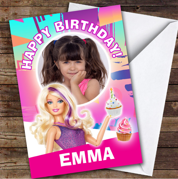 Barbie Happy Photo Girly Cupcake Kids Personalized Children's Birthday Card