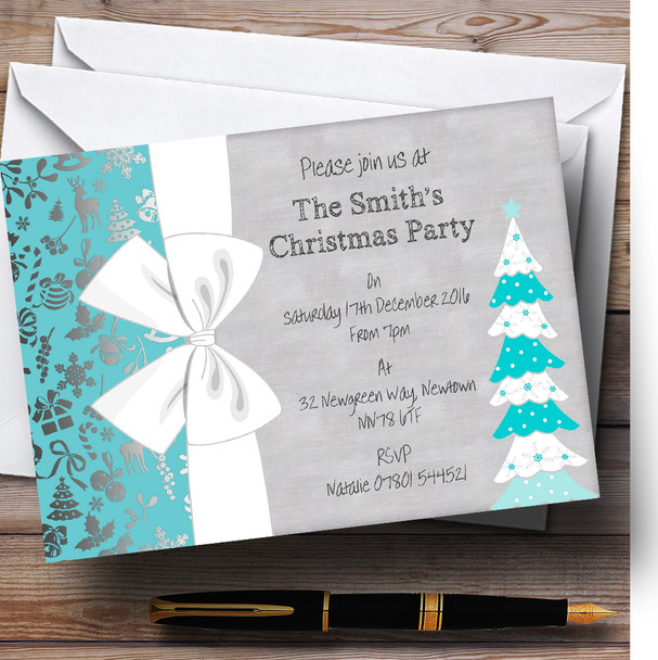 Aqua & Silver Tree Personalized Christmas Party Invitations