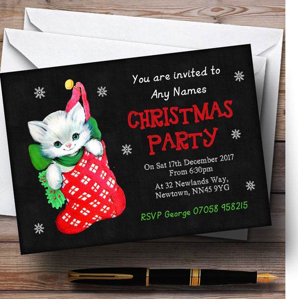 Cat In Stocking Chalk Effect Personalized Christmas Party Invitations